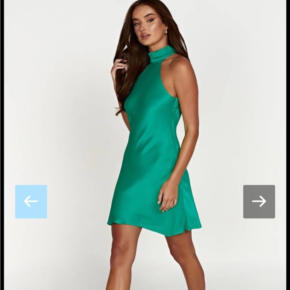 Deluc Satin Tie Halterneck with a Backless Back, in emerald Green Skater dress